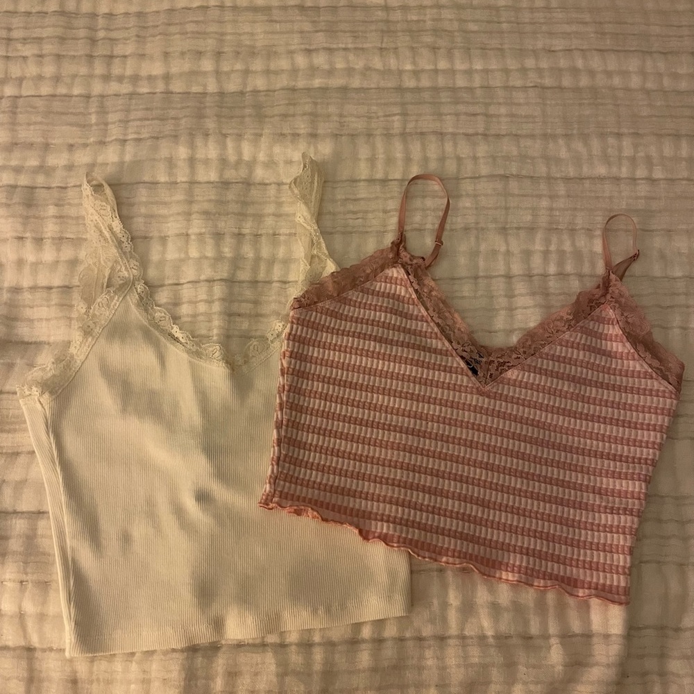 white laced tank top + pink laced tank top